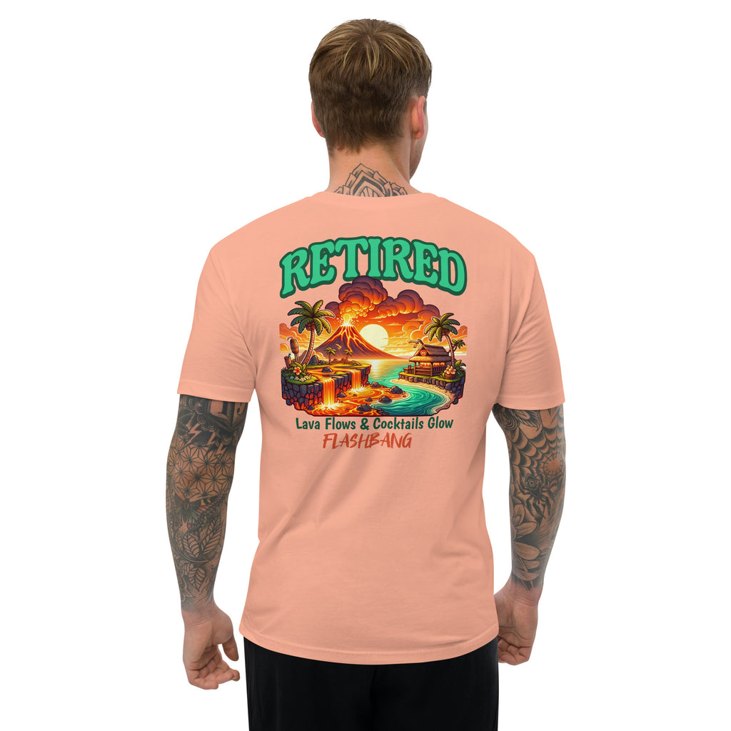 Retired Lite T-Shirt with bold graphic design, perfect retirement tee shirt for veterans - Back View - Desert Pink - Model Guy