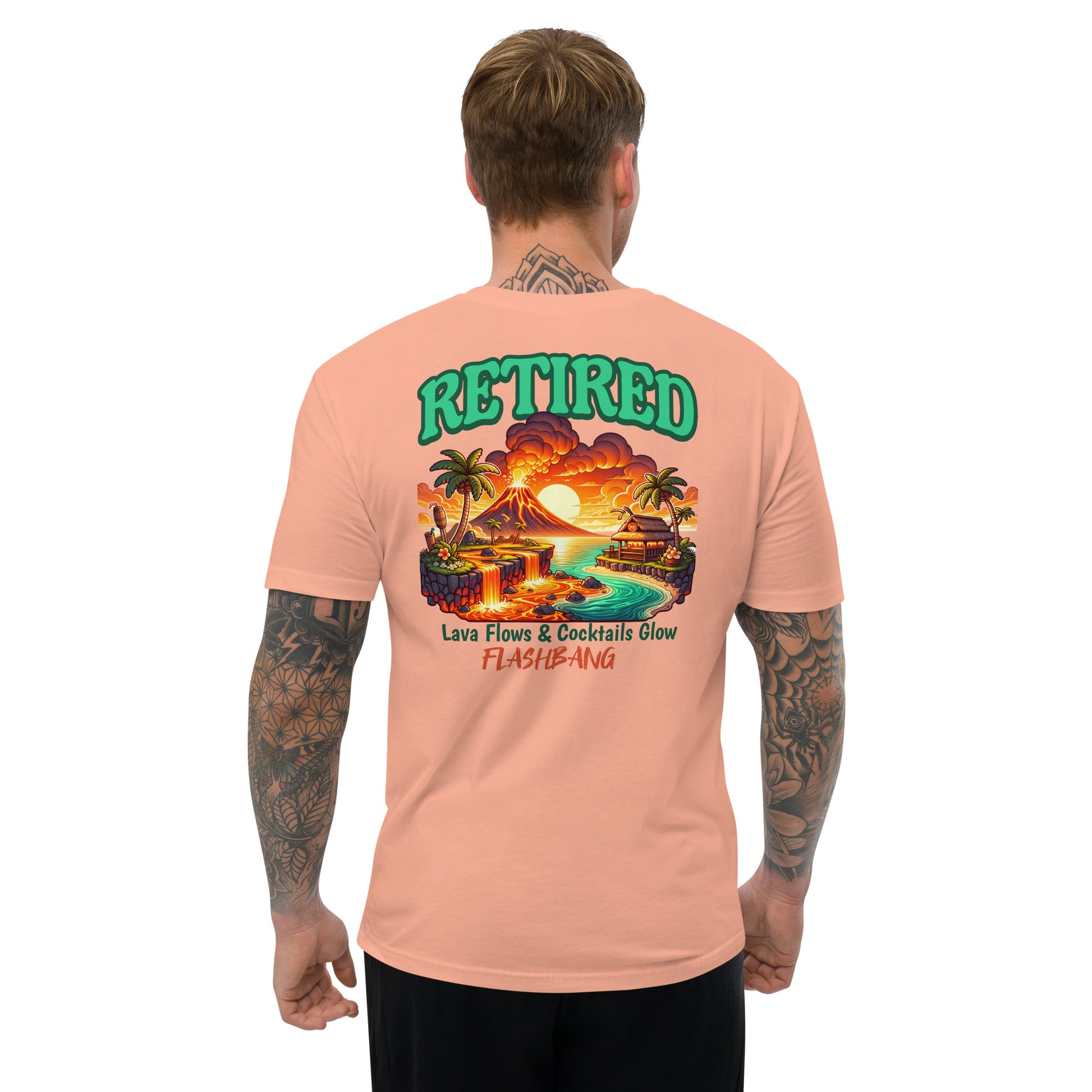 Retired Lite T-Shirt with bold graphic design, perfect retirement tee shirt for veterans - Back View - Desert Pink - Model Guy