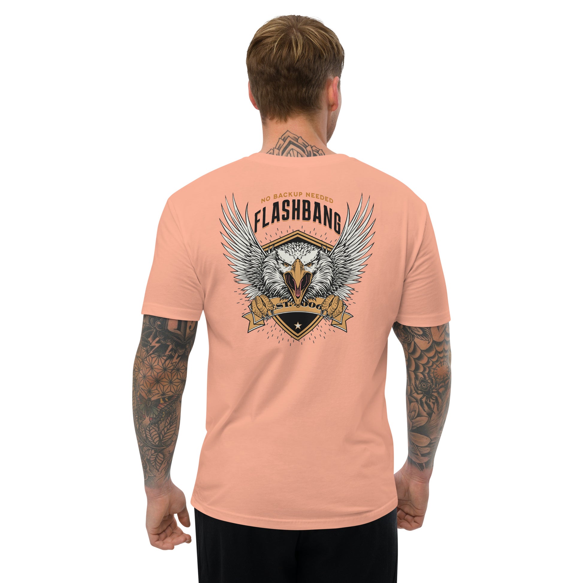 No Backup Needed Lite T-shirt featuring American eagle design - Back View - Desert Pink - Model Guy