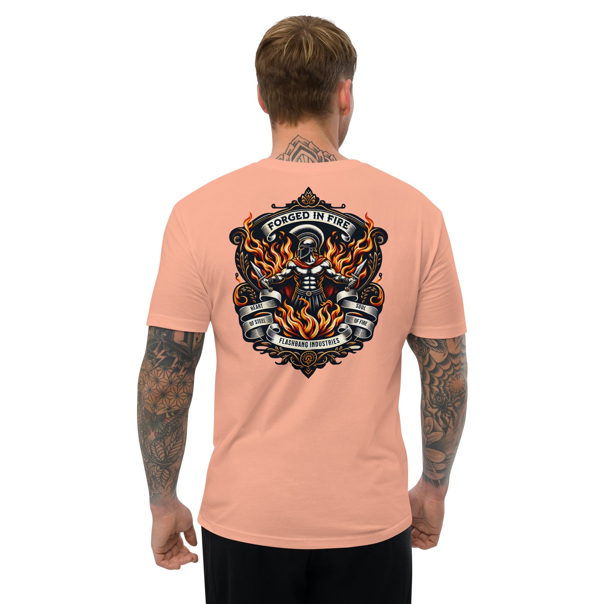 Forged in Fire Lite T-shirt featuring Spartan graphic, ideal for firefighters and those who embody strength and courage - Back View - Desert Pink- Model Guy