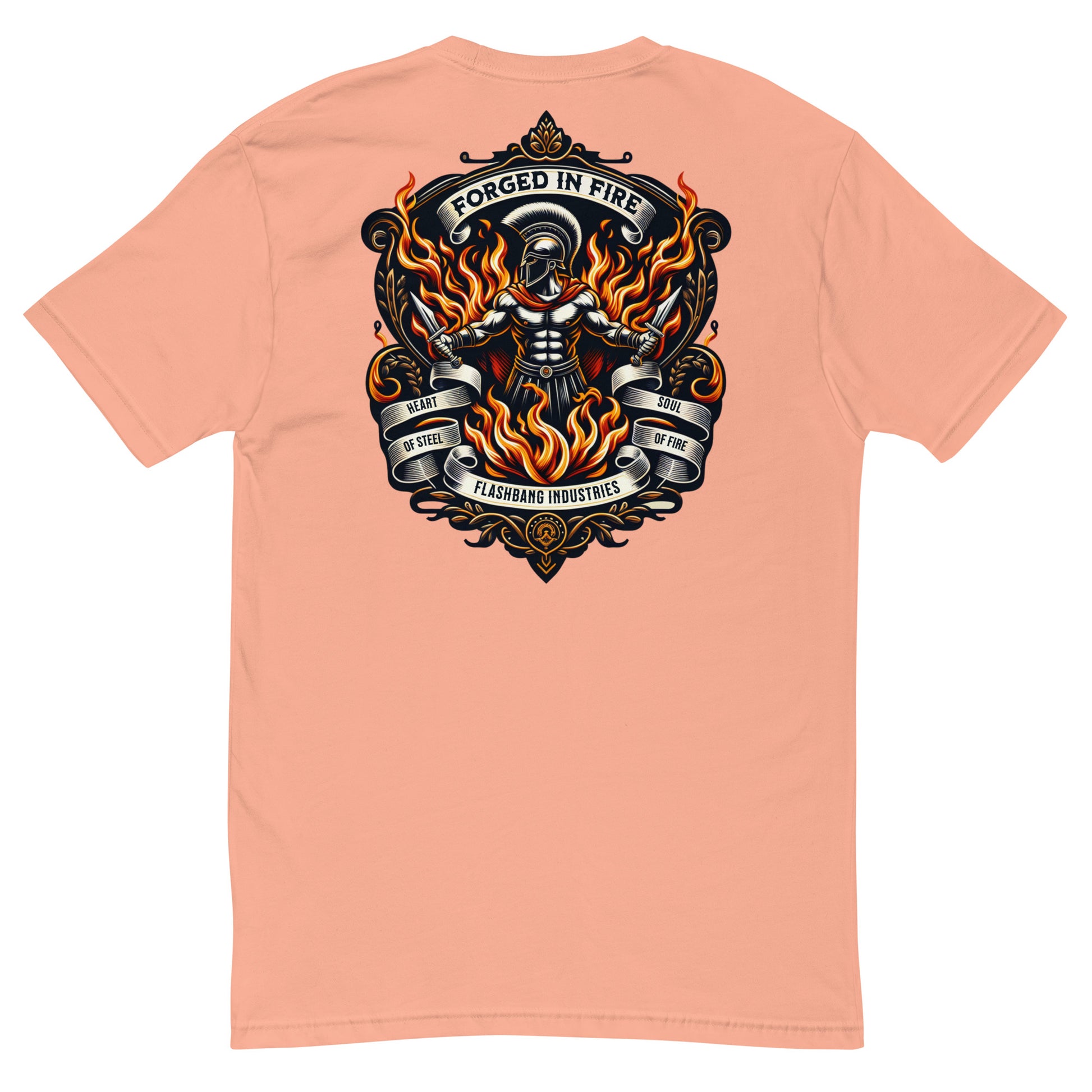 Forged in Fire Lite T-shirt featuring Spartan graphic, ideal for firefighters and those who embody strength and courage - Back View - Desert Pink