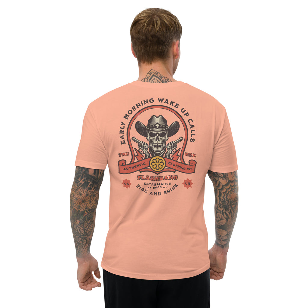 Wake Up Call Lite T-shirt featuring cowboy skull graphic with guns, western style t-shirt - Back View  - Desert Pink - Model Guy