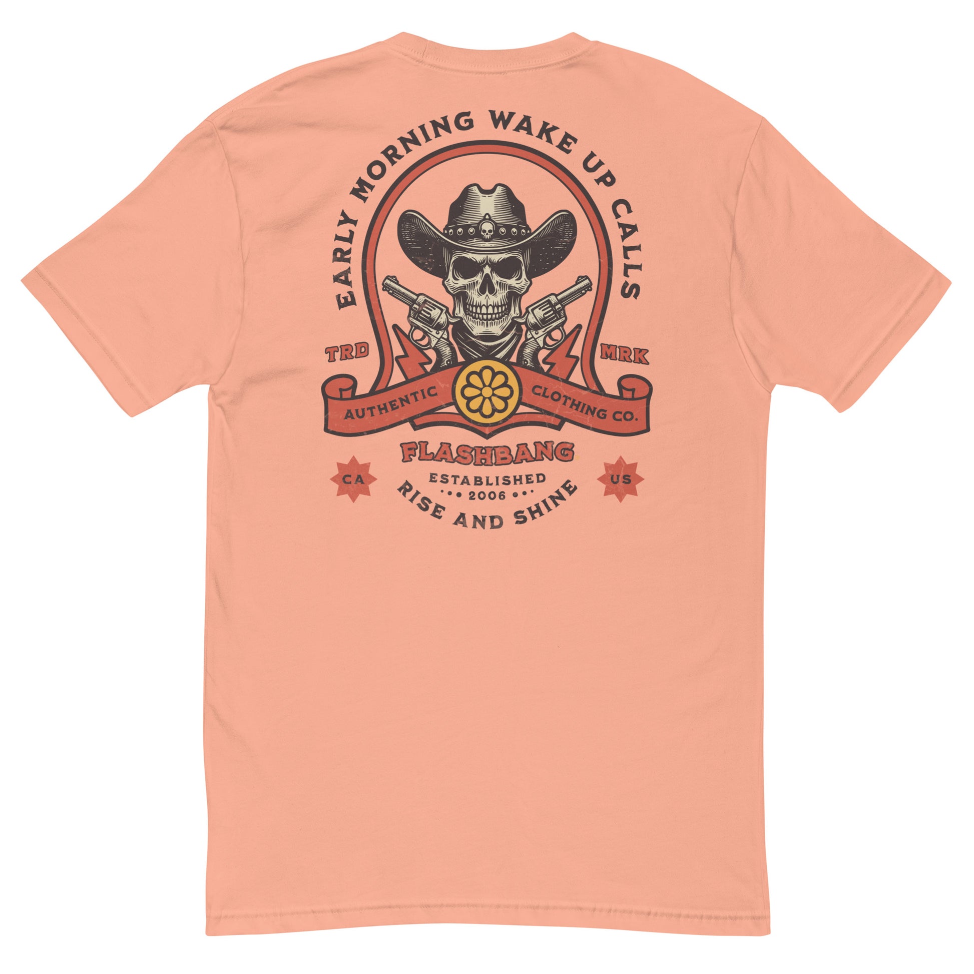 Wake Up Call Lite T-shirt featuring cowboy skull graphic with guns, western style t-shirt - Back View  - Desert Pink