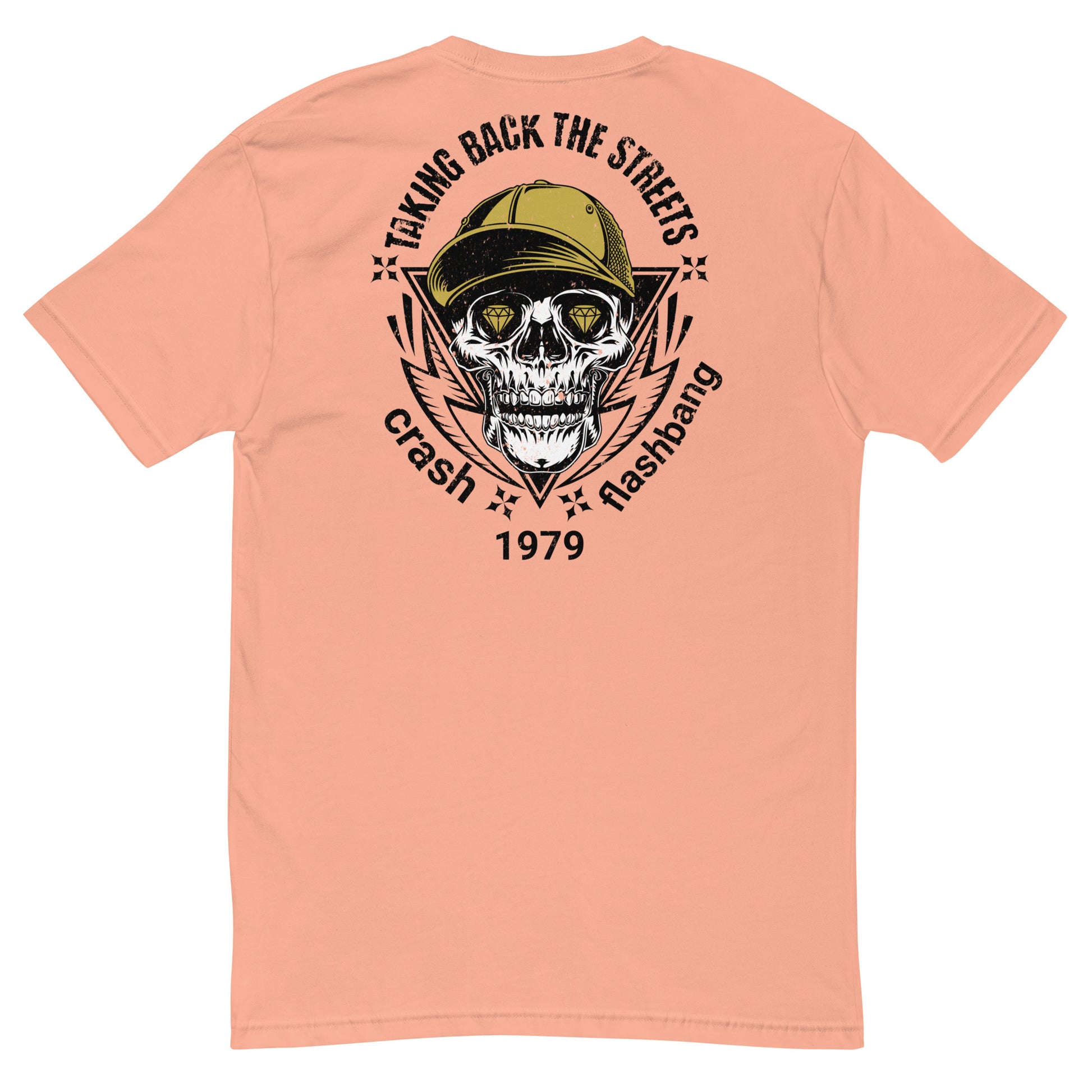 Peach t-shirt with a skull and text design on the back, on a white background