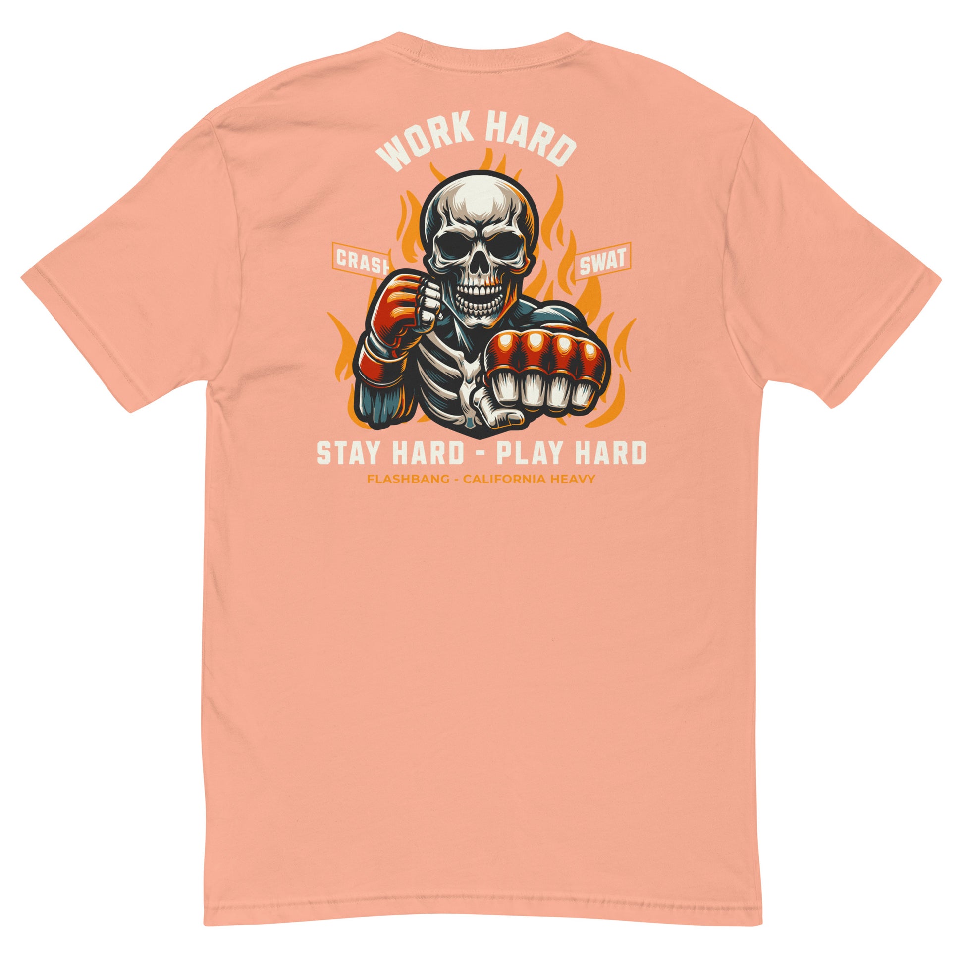 Peach t-shirt with a skeleton graphic and text on the back