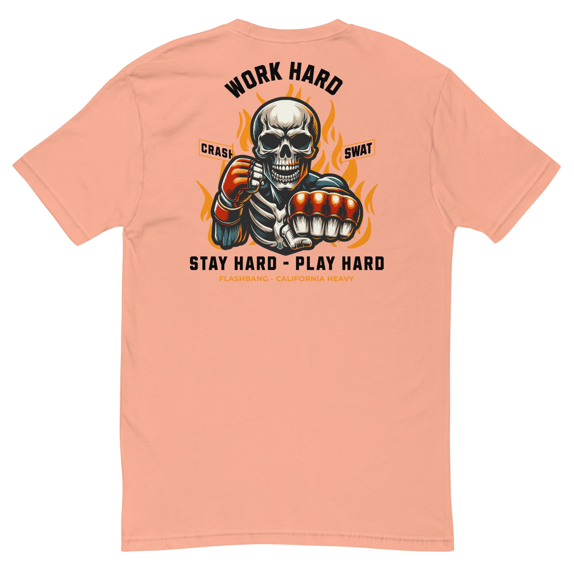 Peach t-shirt with a graphic design of a skeleton holding boxing gloves and text on the back.
