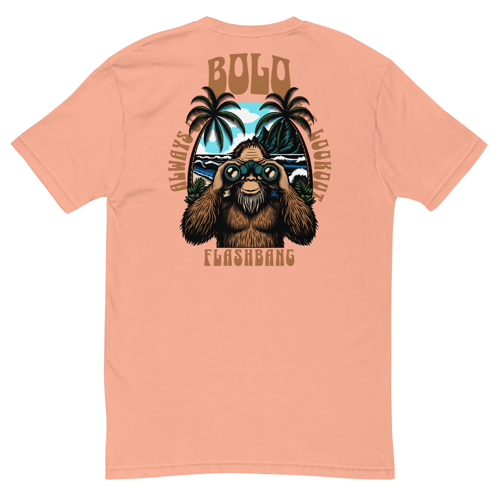 Peach t-shirt with a graphic of a bear holding binoculars and palm trees, with 'Bolo Flashbang' text on the back.