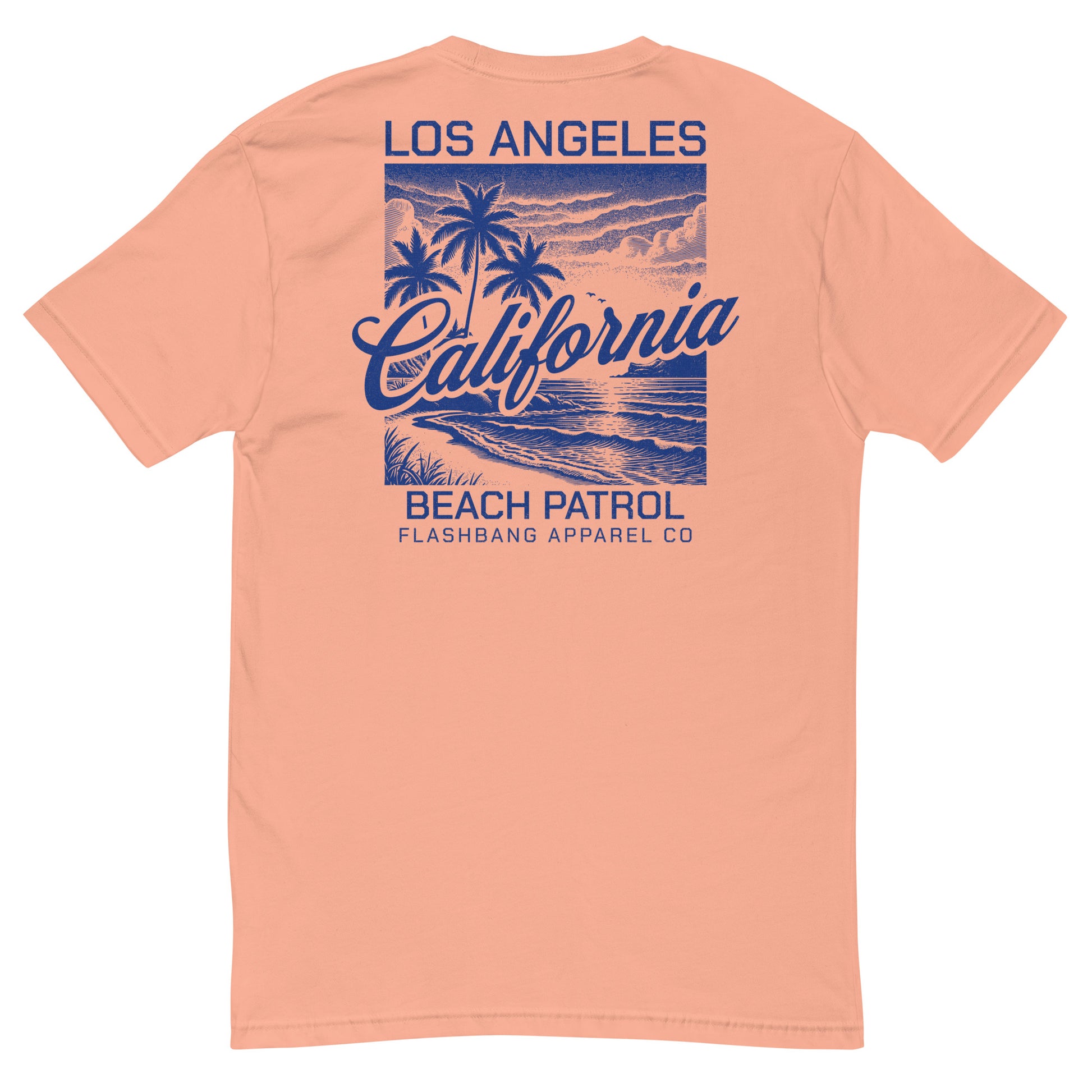 Peach t-shirt with 'Los Angeles California Beach Patrol' design on a white background