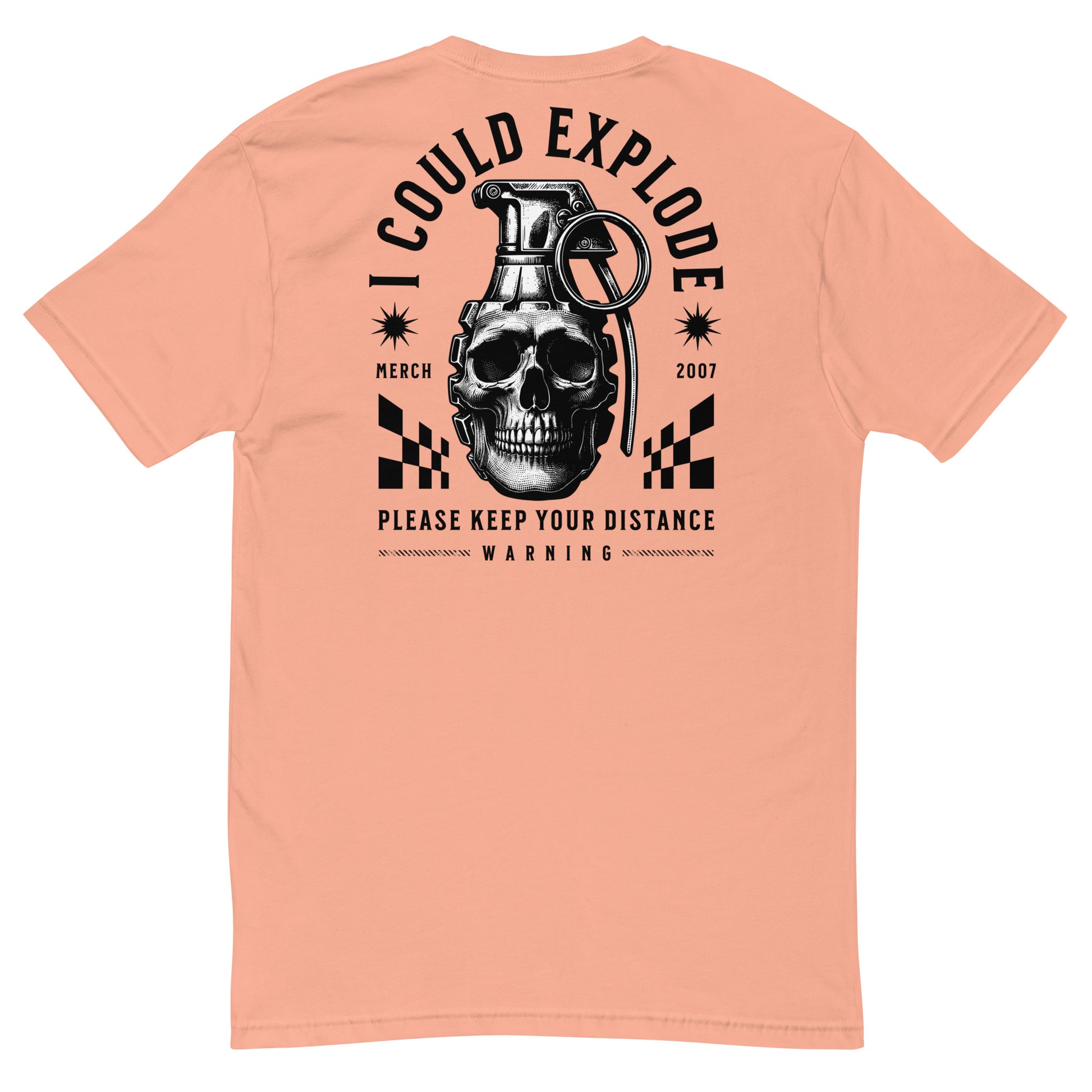 Peach t-shirt with black graphic design on the back featuring a skull and grenade.