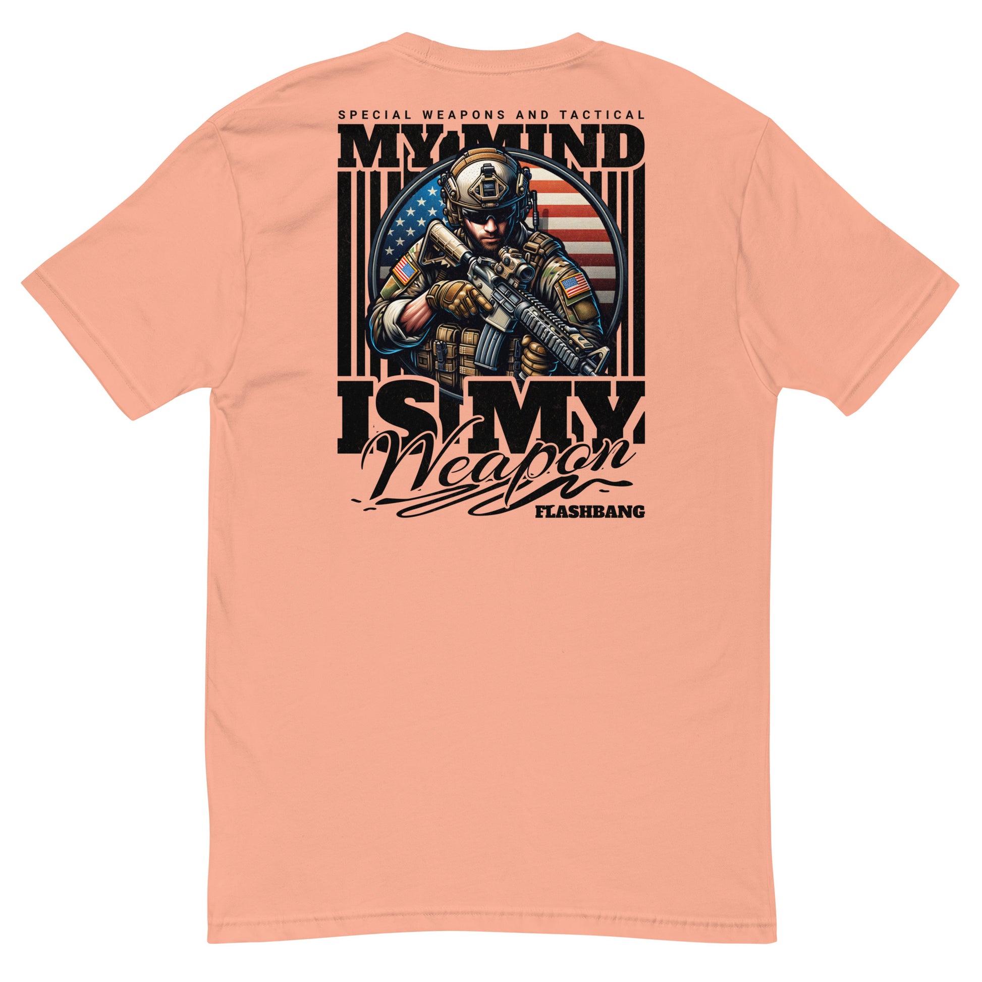 Peach t-shirt with graphic design and text on a white background