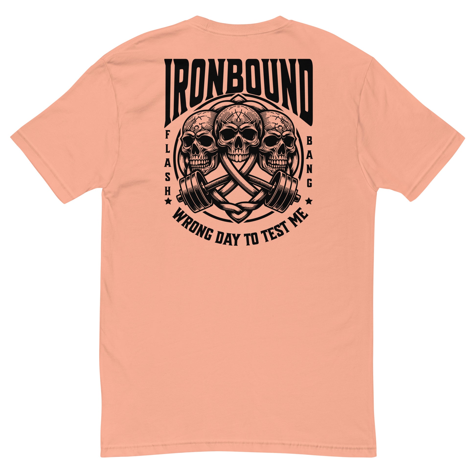 Peach t-shirt with black graphic design and text on a white background