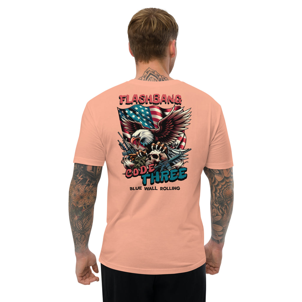 Man wearing a peach t-shirt with a graphic design on the back, featuring an eagle and text.