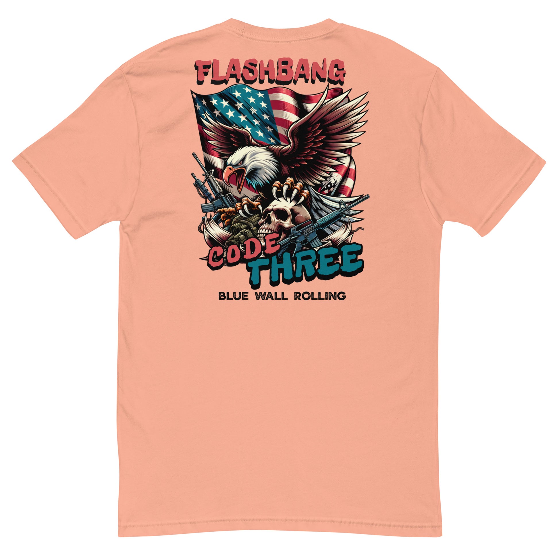 Peach t-shirt with graphic design featuring an eagle, American flag, and text on a white background