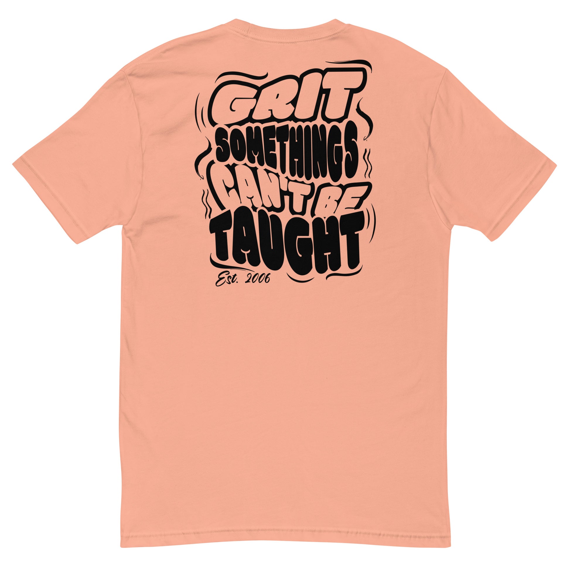 Peach t-shirt with black text on the back on a white background