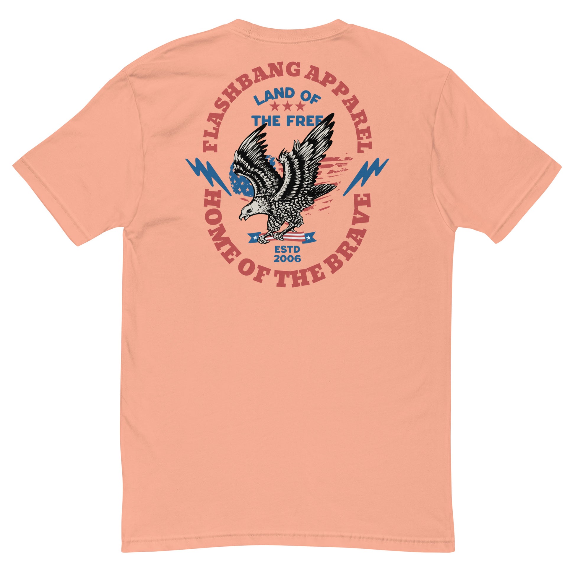 Peach t-shirt with eagle graphic and text on the back, on a white background