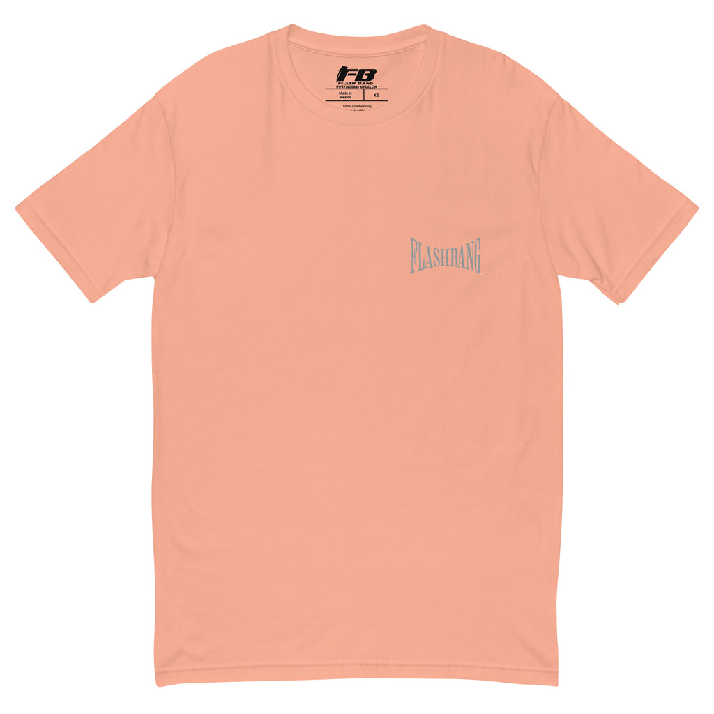 Proud American T-shirt with American flag graphic - Front View - Desert Pink with Flashbang Text