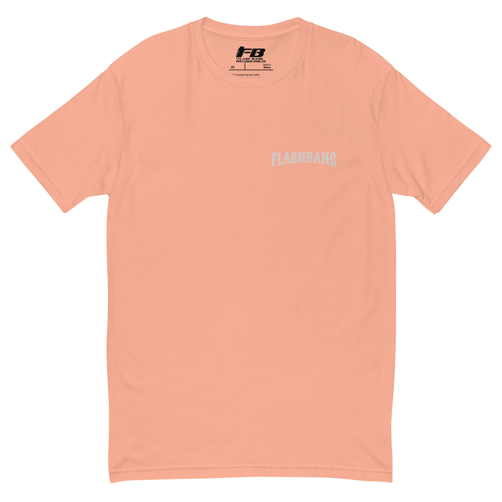 No Days Off T-shirt for veterans, featuring a rugged design. Ideal for those who wear tactical apparel with pride and strength - Front View - Desert Pink with Flashbang Text