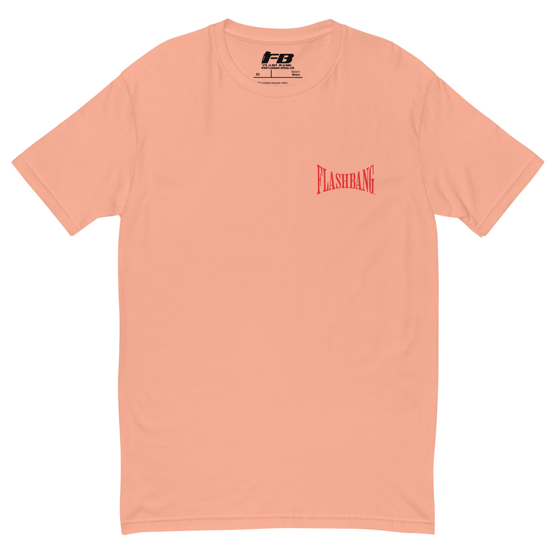 Into The Heat T-shirt with firefighter skull graphic, perfect for brave men who love firefighter apparel - Front View - Desert Pink with Flashbang Text