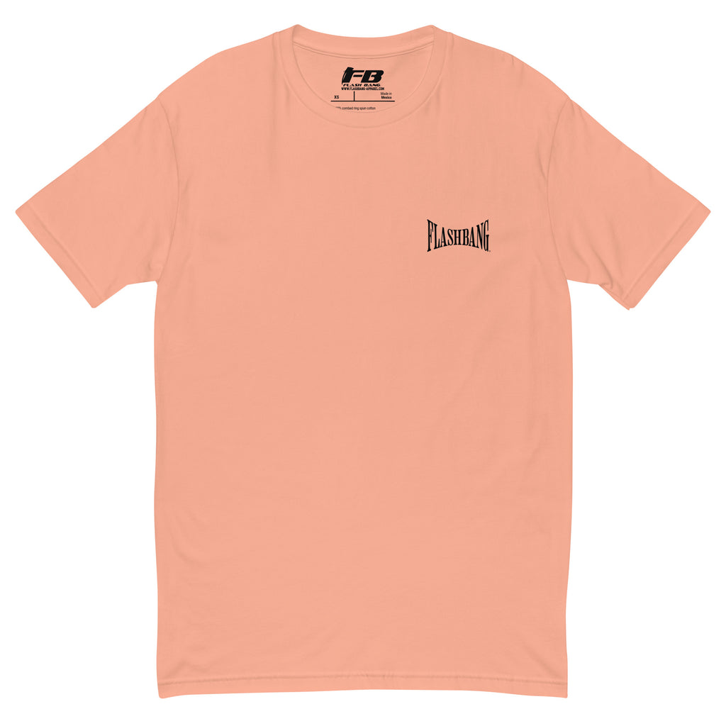 Authentic Black T-shirt with City of Angels letter graphic, black print tee design - rugged, durable, and made for daily wear - Front View - Desert Pink with Flashbang Text