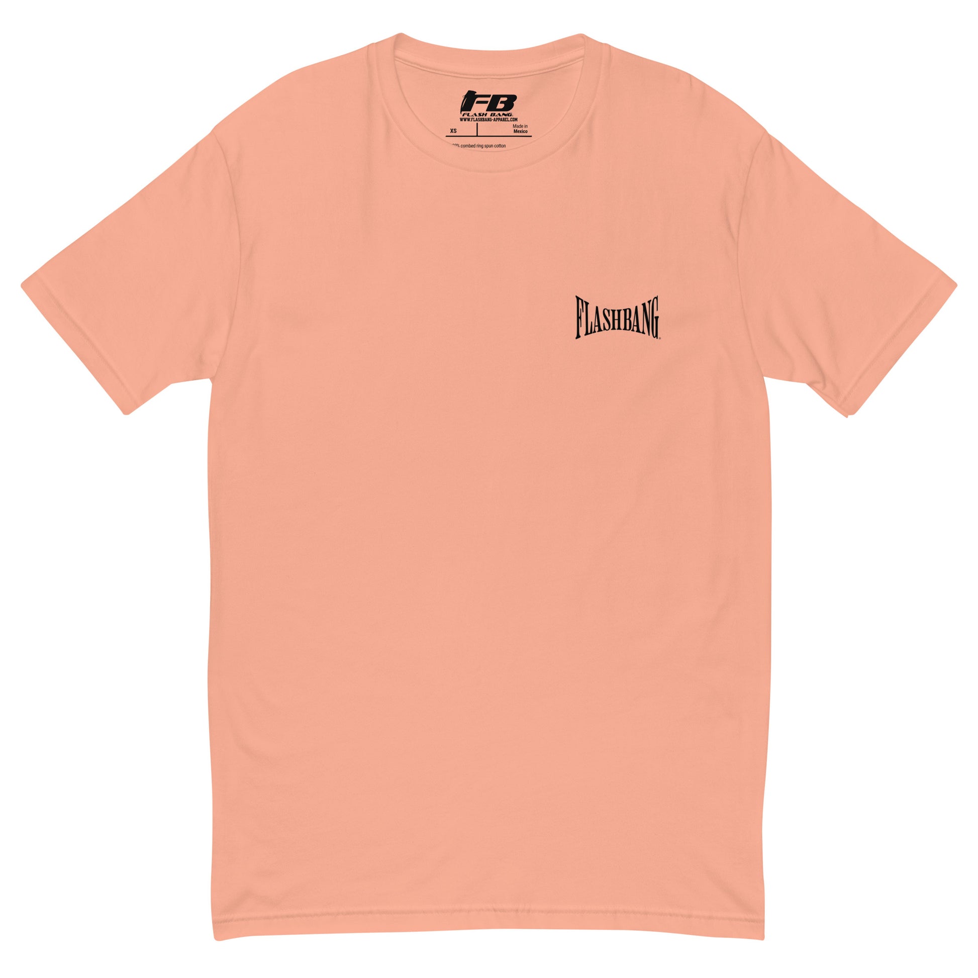Authentic Black T-shirt with City of Angels letter graphic, black print tee design - rugged, durable, and made for daily wear - Front View - Desert Pink with Flashbang Text