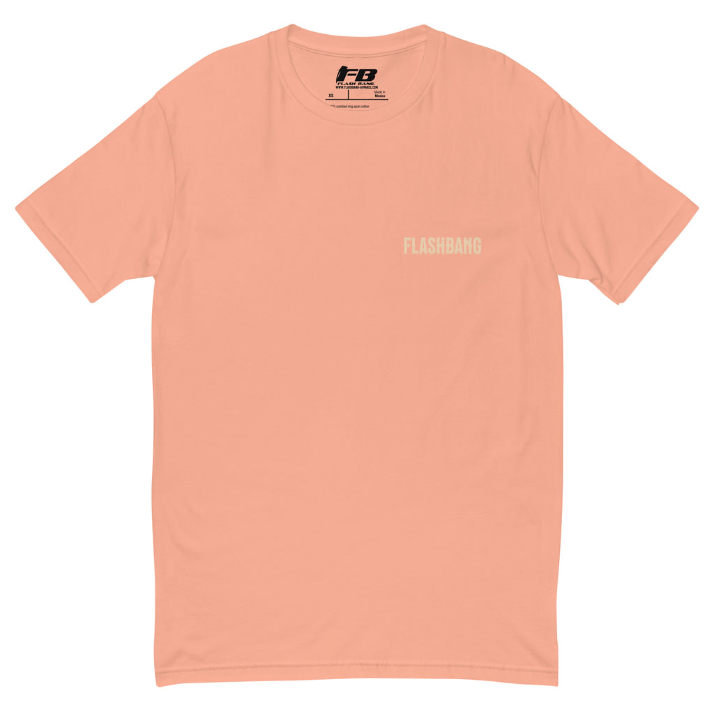 American Style T-shirt featuring USA flag and Strength Honor Freedom message, designed for veterans and patriots - Front View - Desert Pink with Flashbang Text