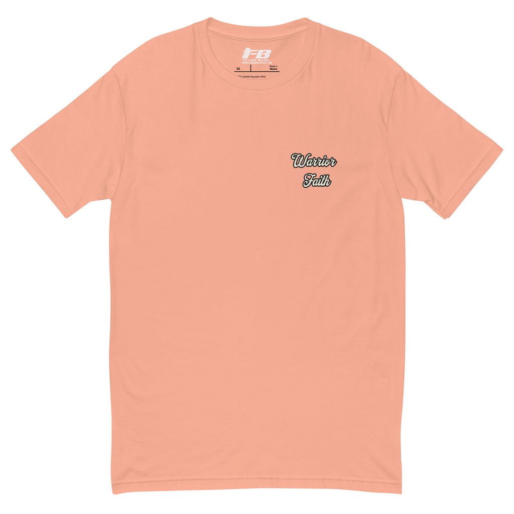 Warrior Faith T-shirt featuring a fighter graphic, symbolizing strength, resilience, and honor, perfect for veterans and those who serve - Front View - Desert Pink with Warrior Faith Text