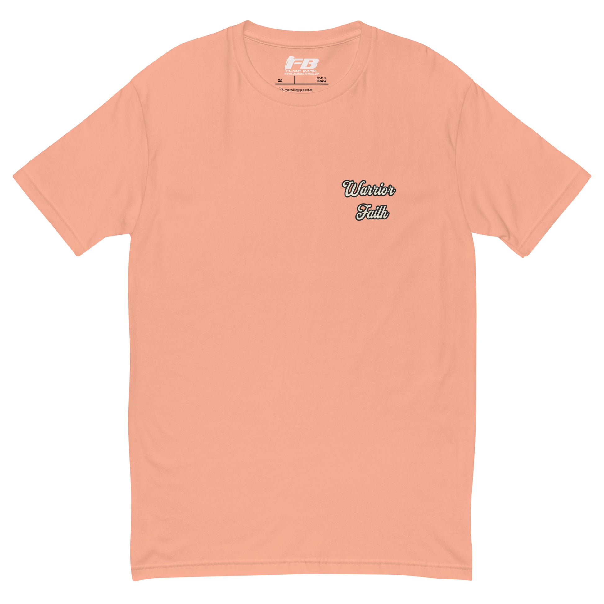 Warrior Faith T-shirt featuring a fighter graphic, symbolizing strength, resilience, and honor, perfect for veterans and those who serve - Front View - Desert Pink with Warrior Faith Text