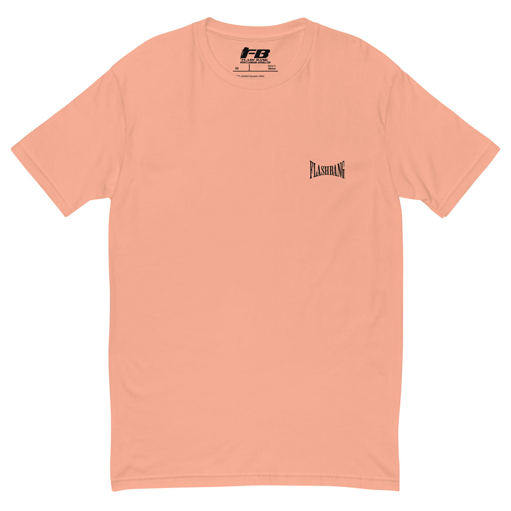 Bad Guys Lite T-shirt with workout motivation design, A tribute to strength and perseverance - Front View - Desert Pink with Flashbang Text