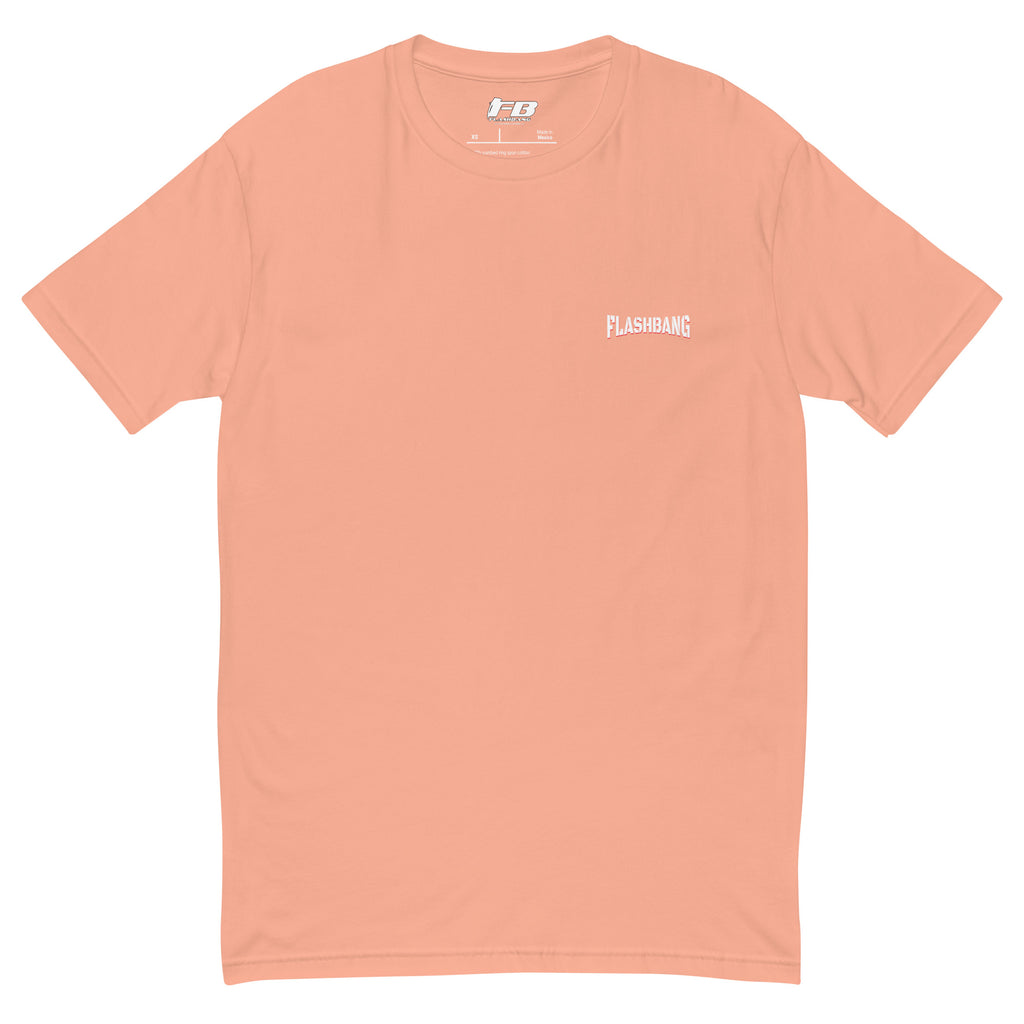 Peach t-shirt with 'Flashbang' logo on a white background