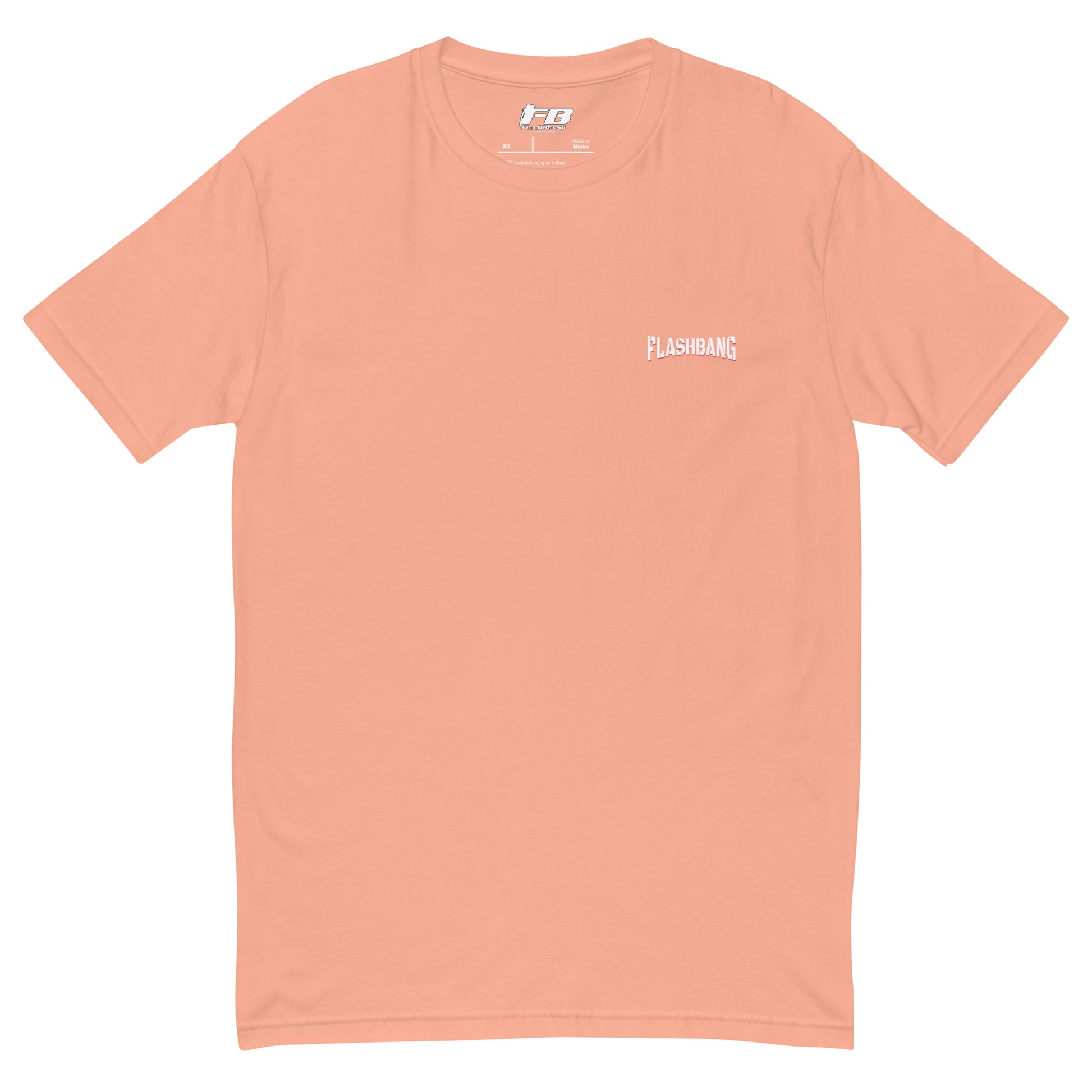 Peach t-shirt with 'Flashbang' logo on a white background