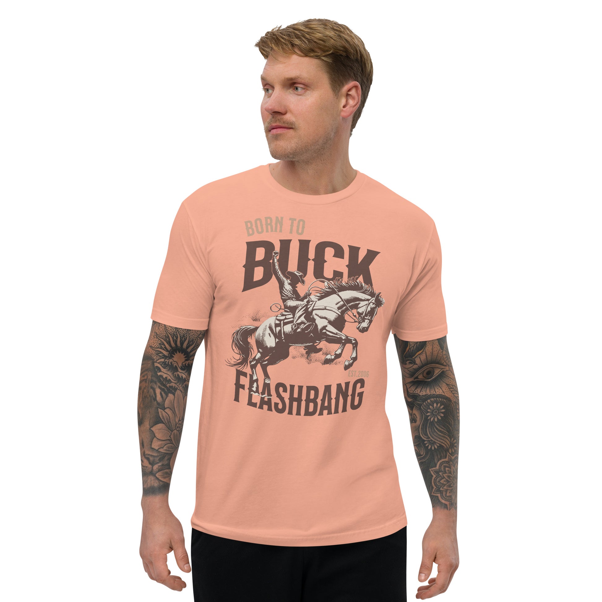 Born to Buck Lite T-shirt featuring a western cowboy graphic - Front View - Desert Pink - Model Guy