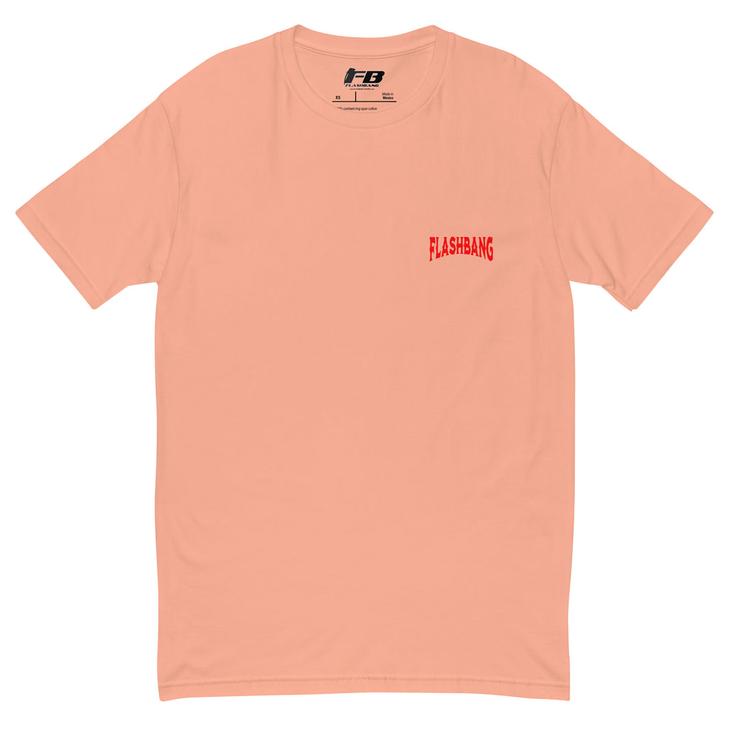 Graphic t-shirt featuring a tribal warrior skull with feathers, gothic design - Front View - Desert Pink with Flashbang Text