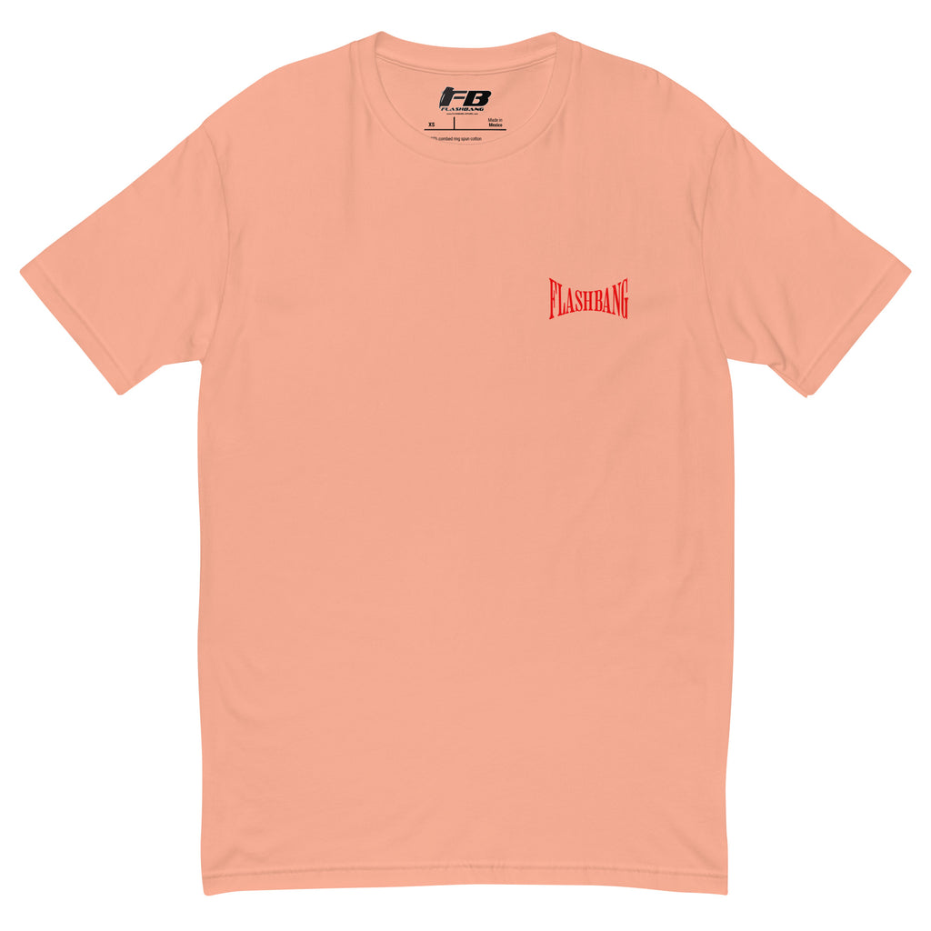 Forged in Fire Lite T-shirt featuring Spartan graphic, ideal for firefighters and those who embody strength and courage - Front View - Desert Pink with Flashbang Text