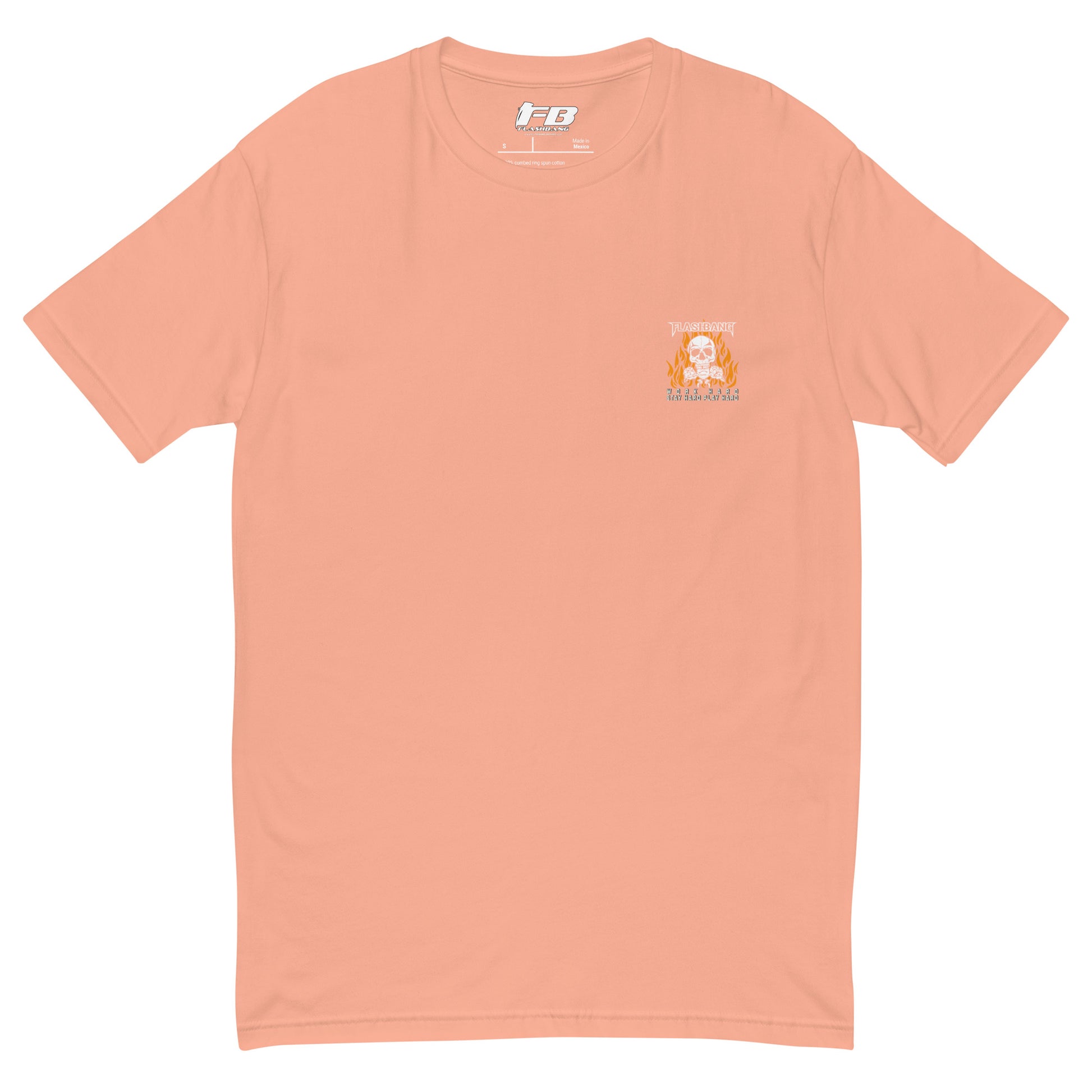Peach-colored t-shirt with a small logo on the chest against a white background