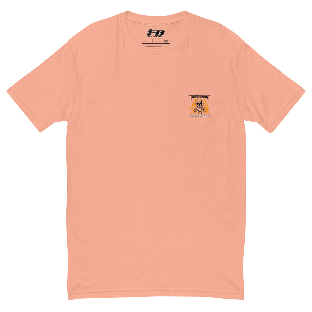 Peach t-shirt with a small logo on the chest against a white background