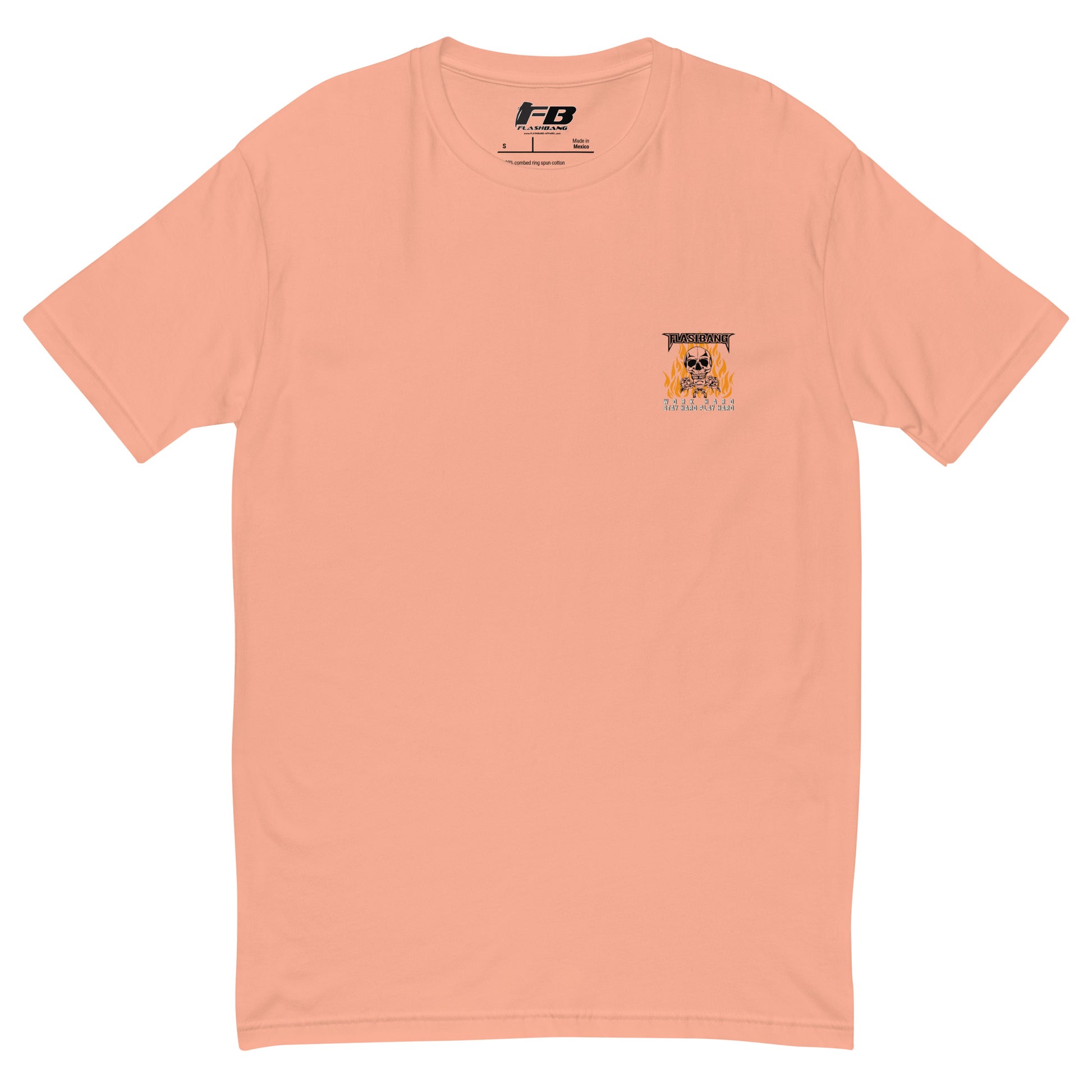 Peach t-shirt with a small logo on the chest against a white background