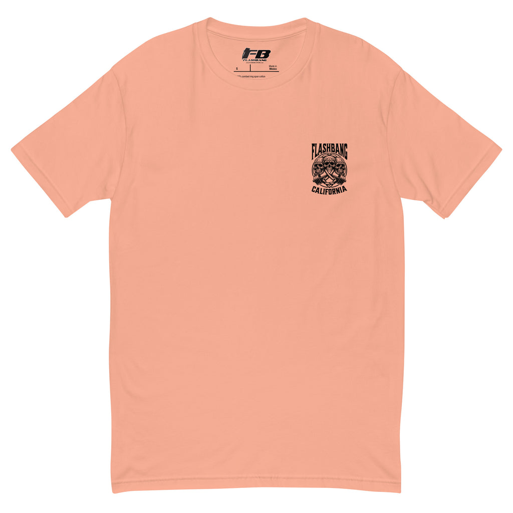 Peach t-shirt with a black graphic and text on a white background