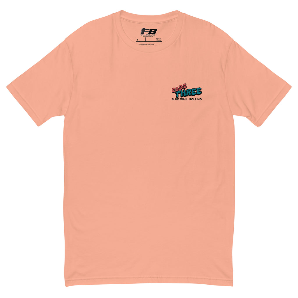 Peach t-shirt with a logo and text on a white background