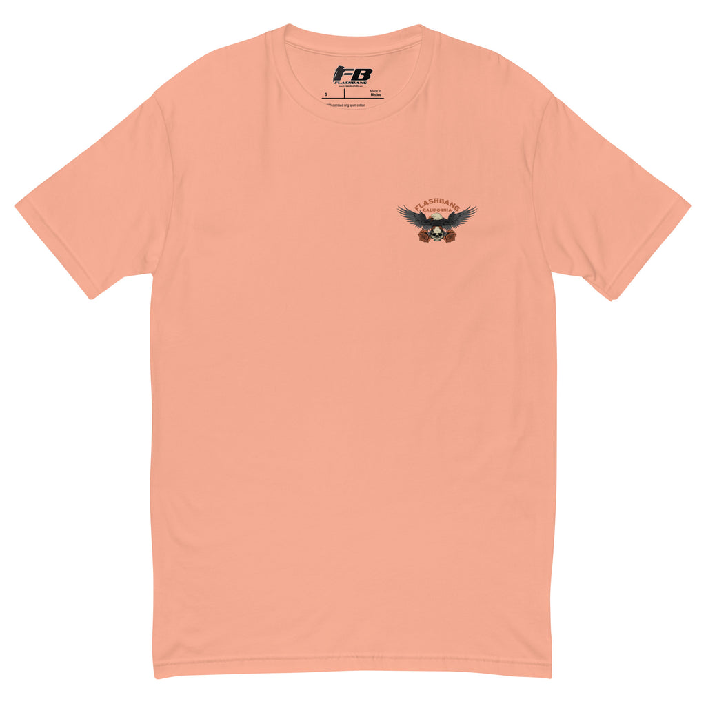 Peach t-shirt with a logo on the chest against a white background