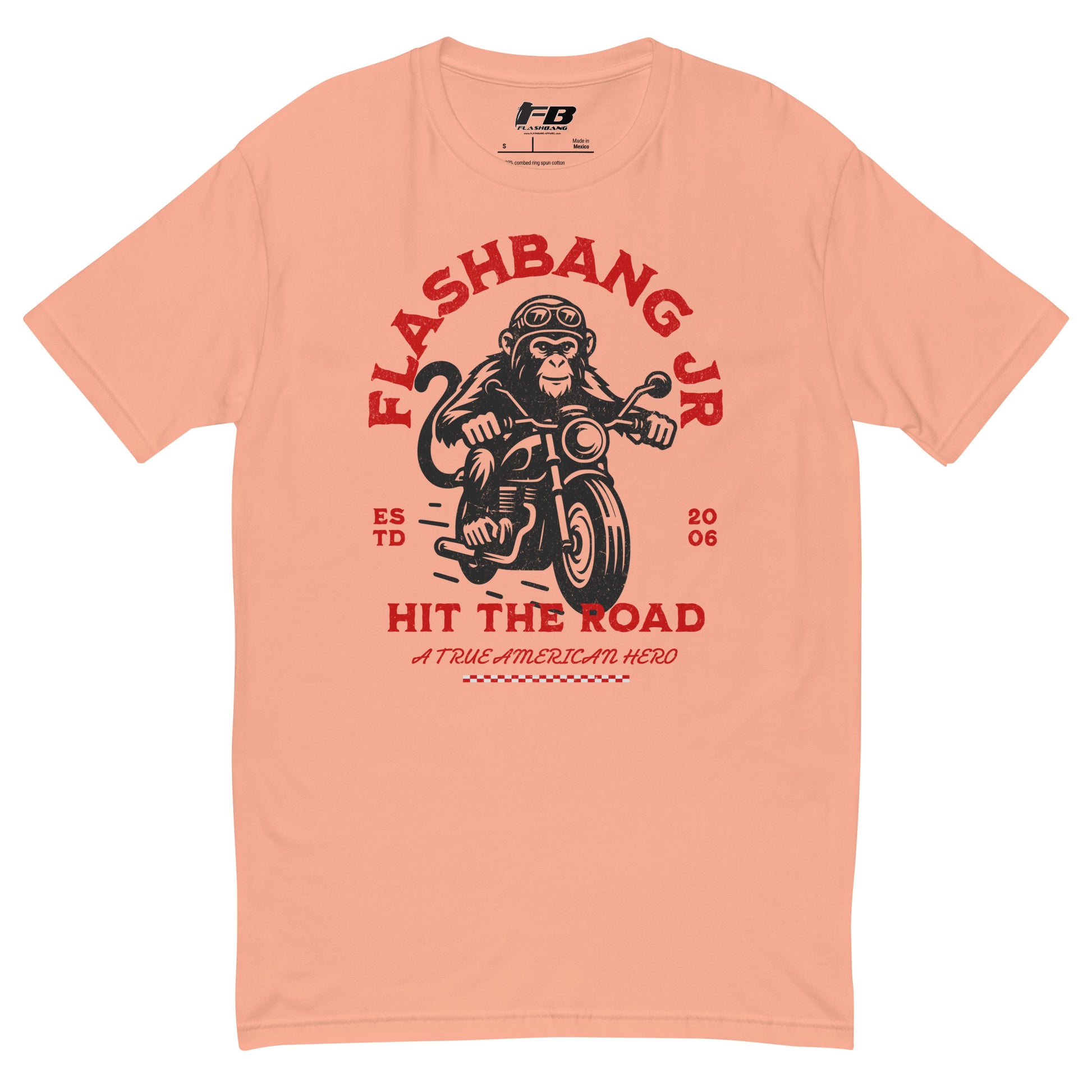 Peach t-shirt with monkey on a motorcycle graphic and 'Flashbang Jr' text on a white background