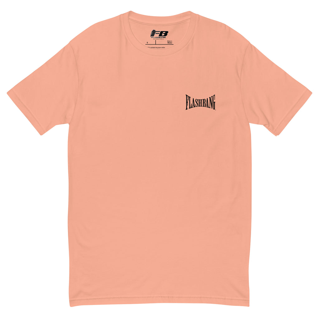 Peach t-shirt with 'Flashbang' logo on a white background
