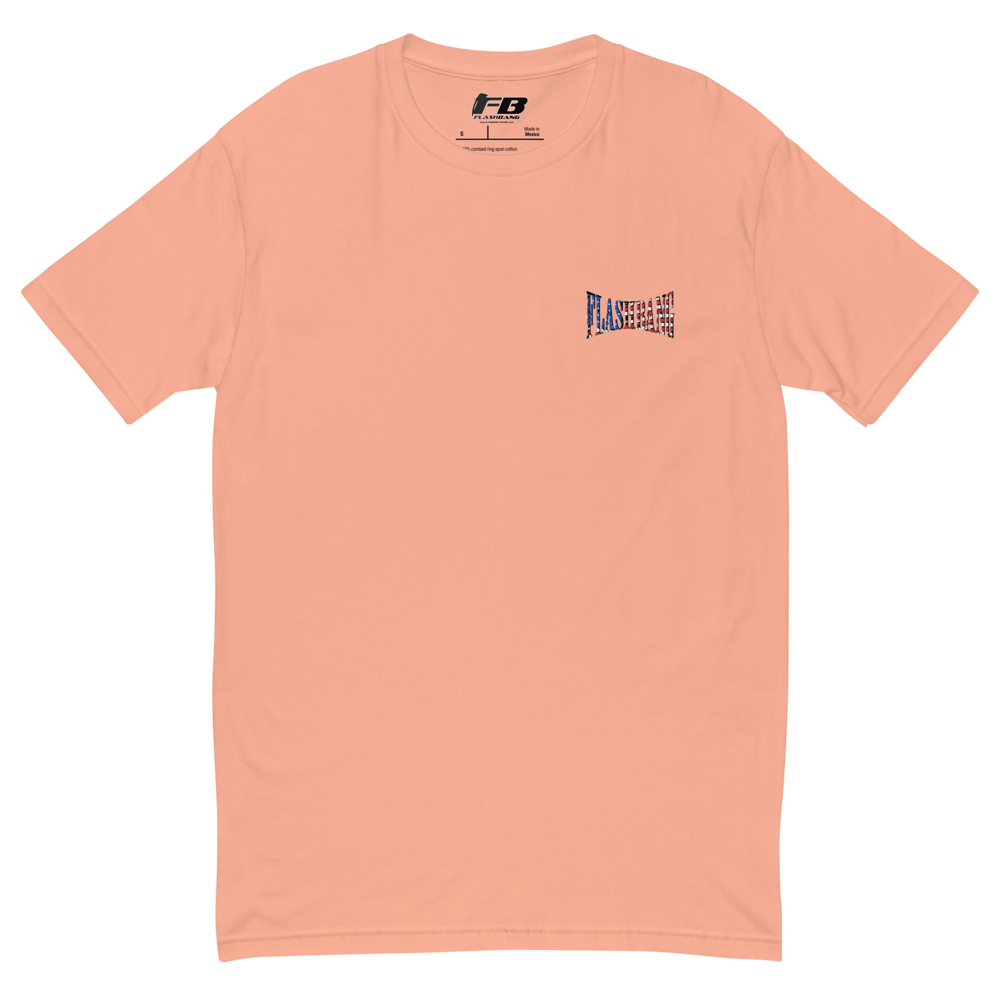 Peach t-shirt with a small logo on the chest against a white background