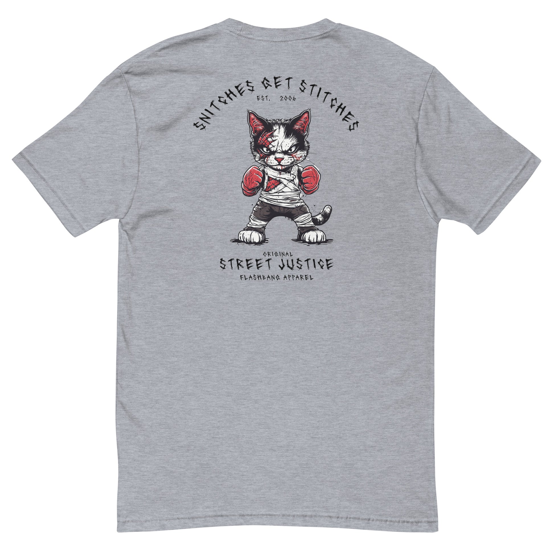 Snitches Get Stitches T-shirt featuring a street justice cat design, ideal for fans of cool cat t-shirts, boxing tees, and street cat shirts - Back View- Heather Grey