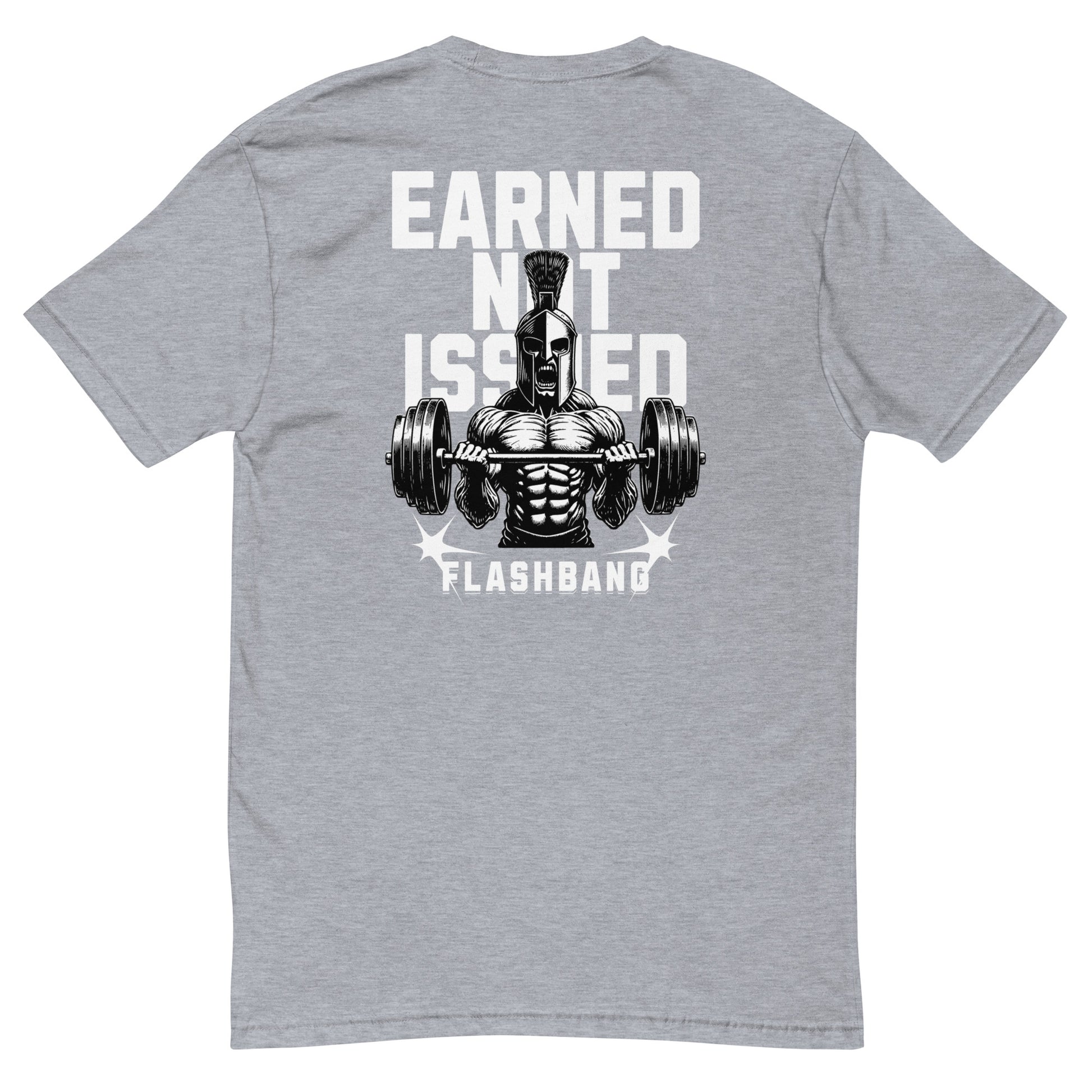 Earned Not Issued T-shirt with Spartan graphic, ideal for men who love powerlifting, weightlifting, and fitness motivation quotes - Back View - Heather Grey