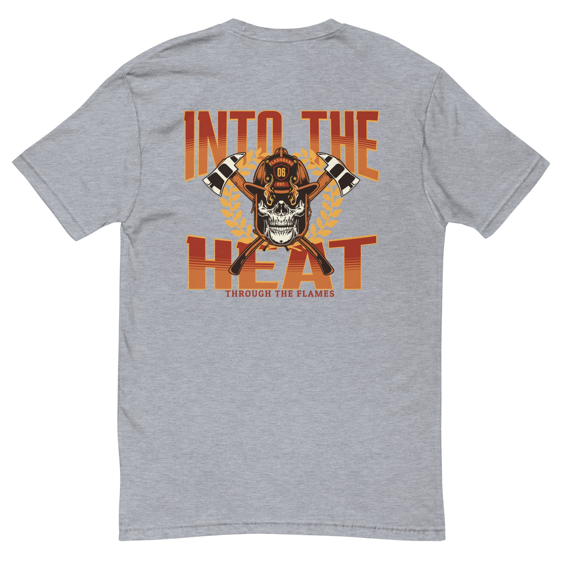 Into The Heat T-shirt with firefighter skull graphic, perfect for brave men who love firefighter apparel - Back View - Heather Grey