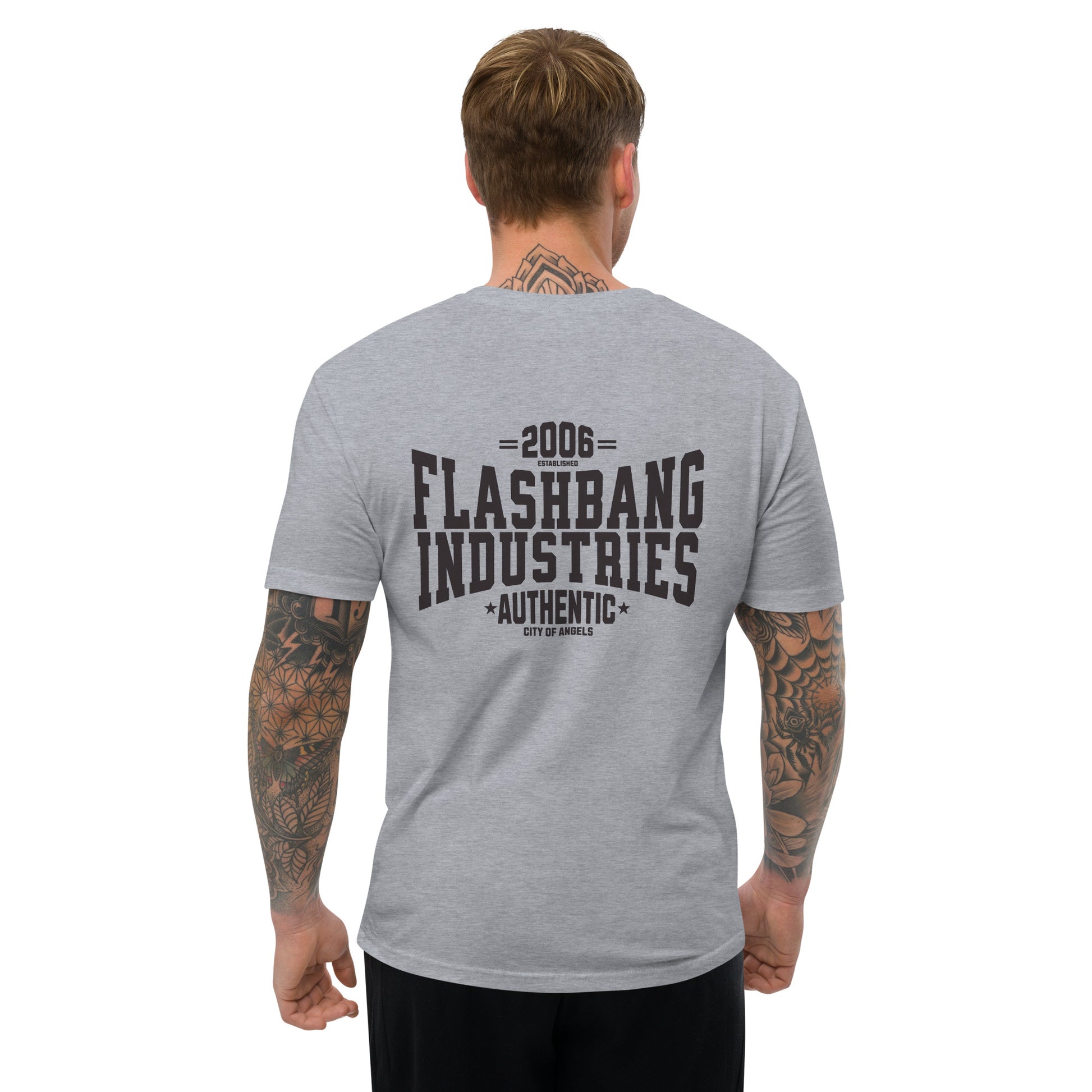 Authentic Black T-shirt with City of Angels letter graphic, black print tee design - rugged, durable, and made for daily wear - Back View - Heather Grey - Model Guy