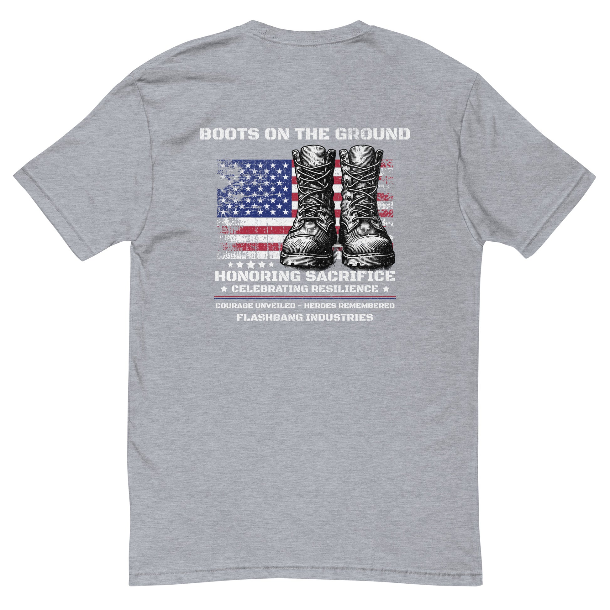 Boots On The Ground T-shirt for men – Inspired by patriot military style and pairs great with USA flag cowboy boots - Back View - Heather Grey