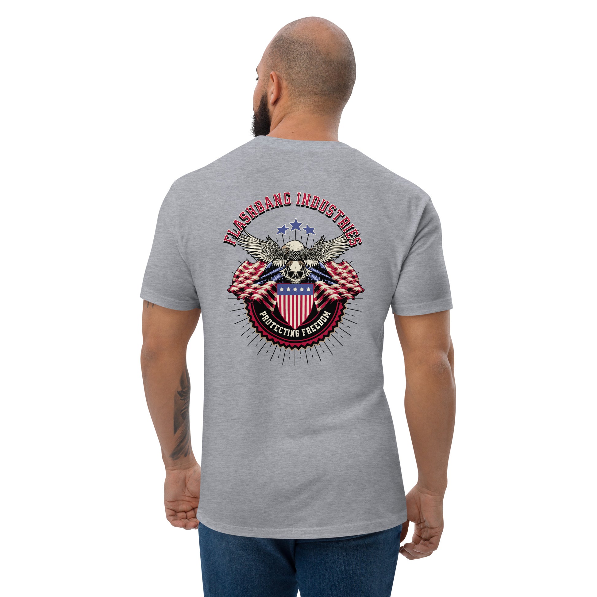Freedom Lite T-shirt - USA Flag Design with Patriotic Quote - Back View -  Heather Grey - Model Guy