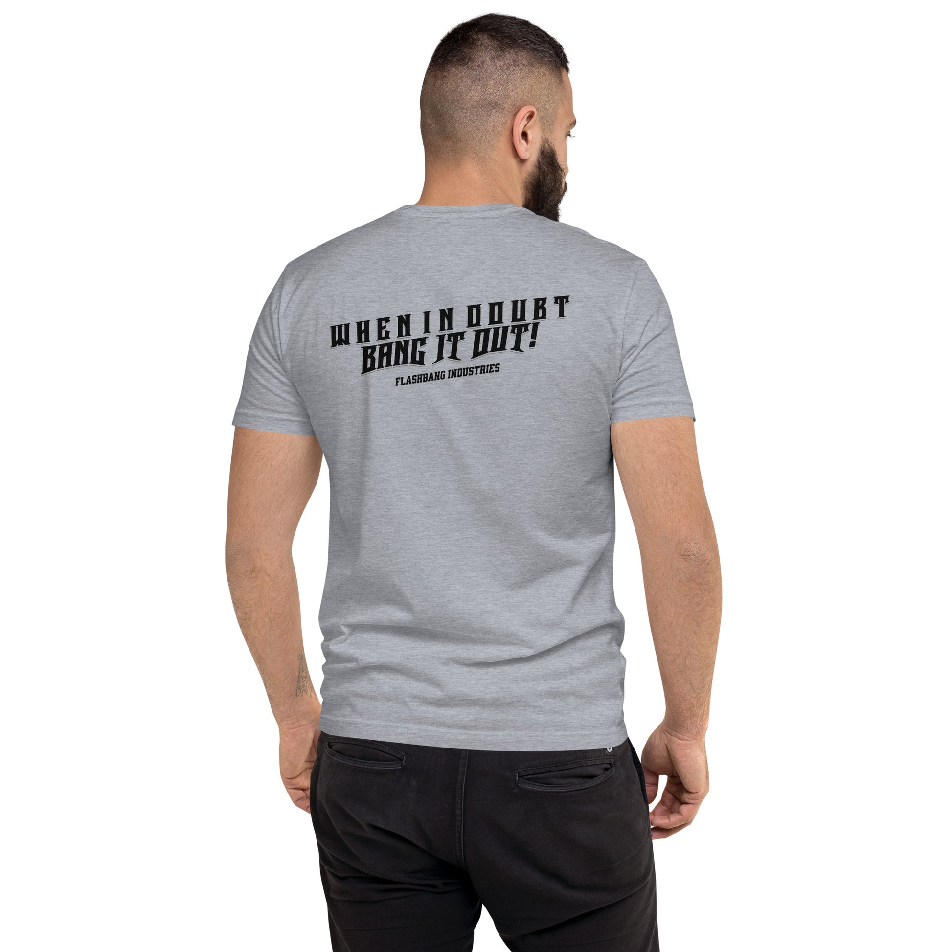 When In Doubt Lite T-shirt – Funny Military Quote Design – Back View - Heather Grey- Model Guy