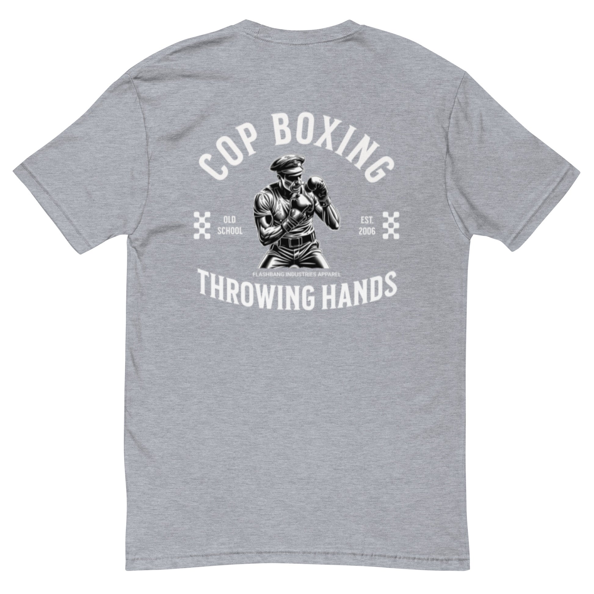 Cop Boxing T-shirt with police graphic design, perfect for men who want a bold and durable cop tee with boxing theme - Back View - Heather Grey